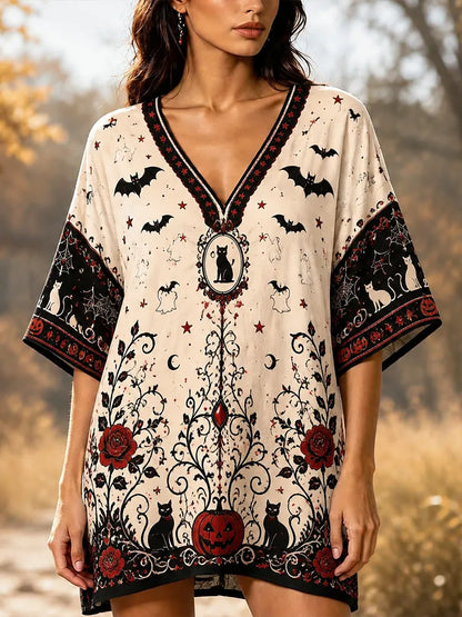 Cardydony Women's Casual V-neck Kimono-style Mini Dress With Halloween Bat, Black Cat, Pumpkin, And Gothic Rose Print
