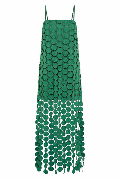 Cardydony Women's Juju Embroidered Cutout Polka Dots Square Neck Tassel Hem Slip Maxi Dress
