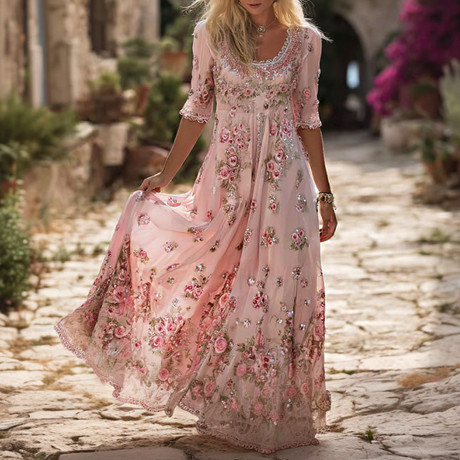 Cardydony Women's Retro Bohemian Style Rose Floral Print Embroidered Sequin Dress