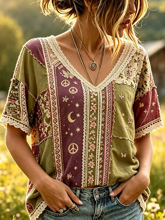 Cardydony Women's Boho Patchwork V-neck Short Sleeve T-shirt With Peace Signs, Crescent Moon, And Stars