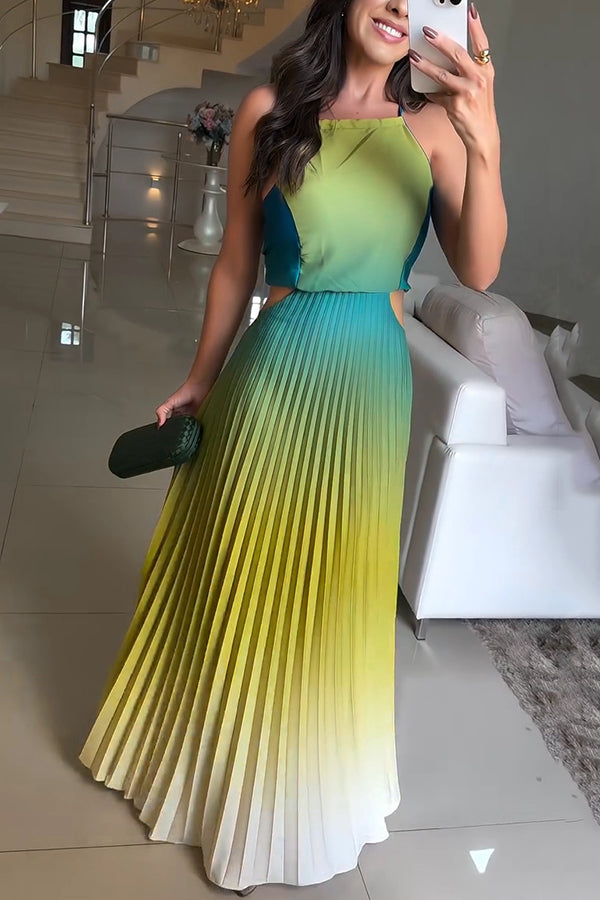Cardydony Women's Fashionable Backless Tie Elegant Gradient Pleated Maxi Dress