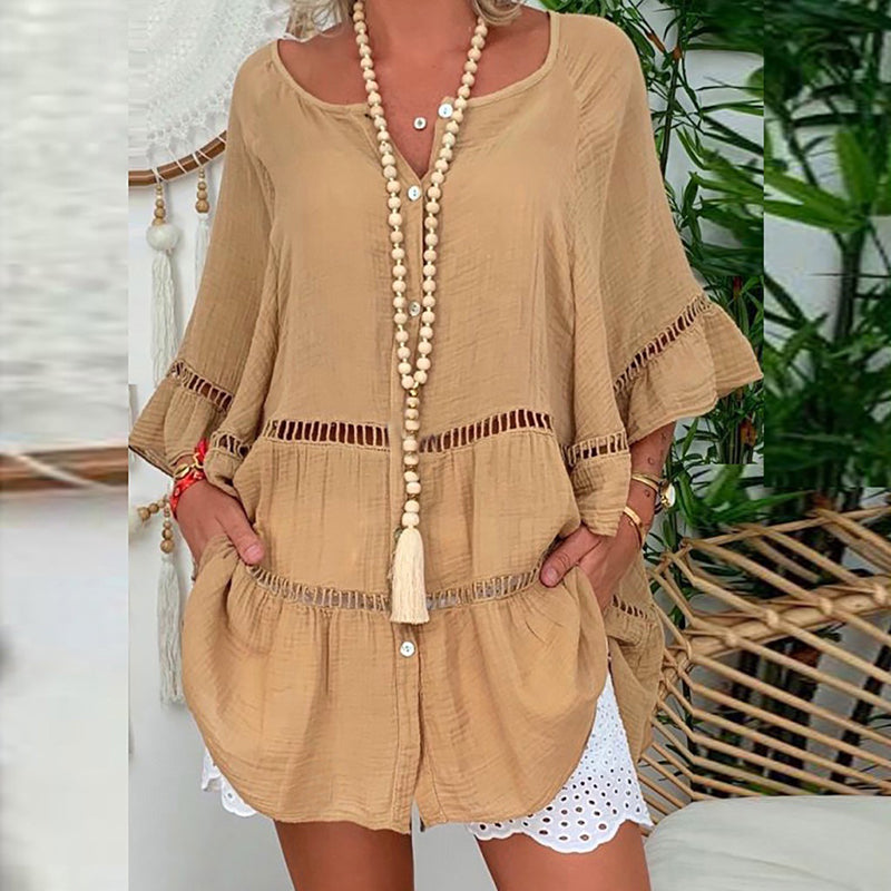 Cardydony Casual Lace-trimmed Three-quarter Sleeve Cotton And Shirt Dress