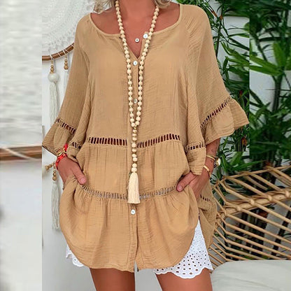 Cardydony Casual Lace-trimmed Three-quarter Sleeve Cotton And Shirt Dress