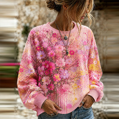 Cardydony Women's Vintage Pink Floral Art Print Casual Long Sleeve Sweatshirt