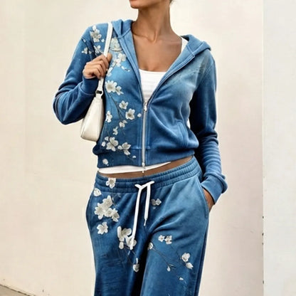 Cardydony Women's Retro Japanese Cherry Blossom Art Casual Sports Suit Two-piece Set