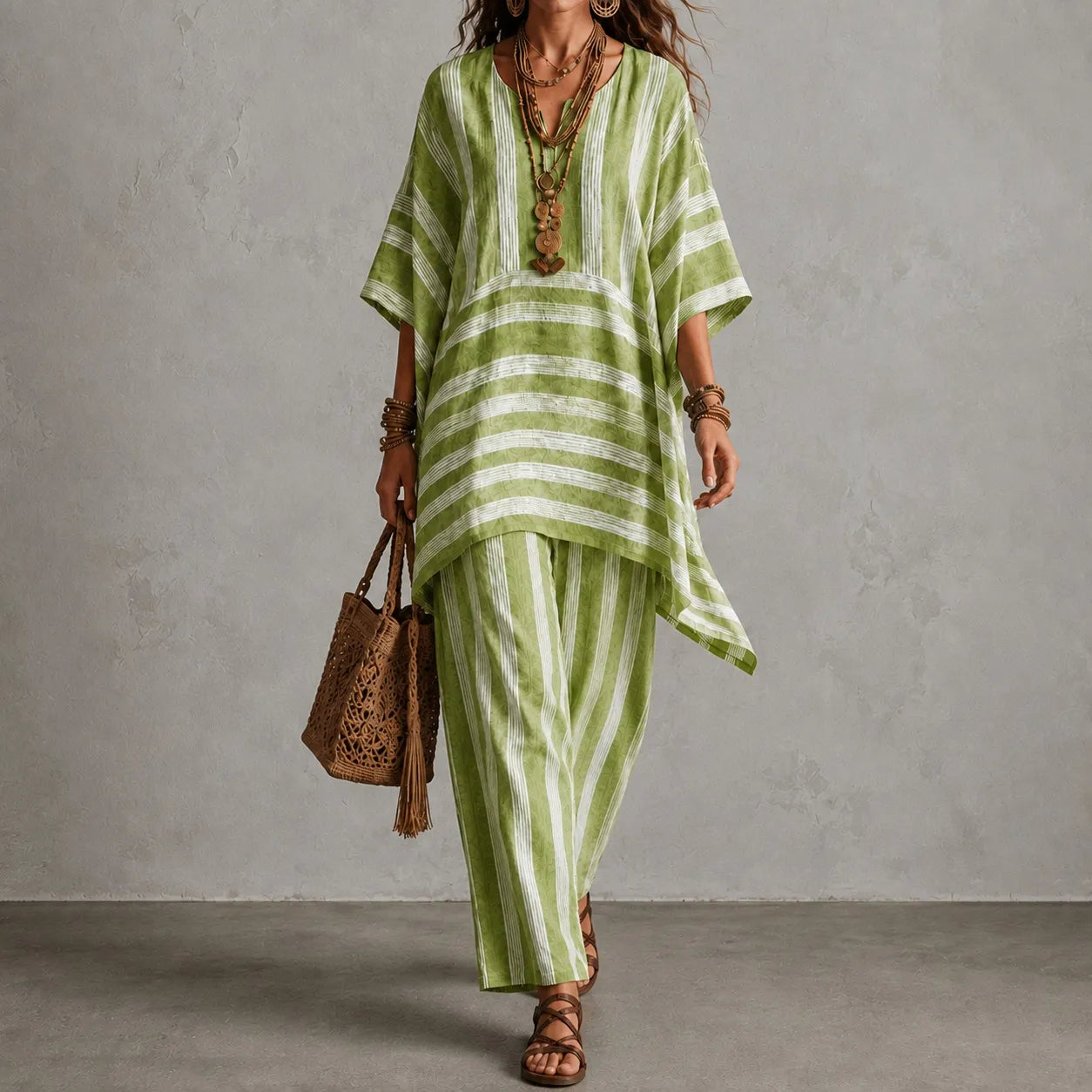 Cardydony Elegance V-neck Loose Striped Top + Loose Wide-leg Pants Two-piece Set