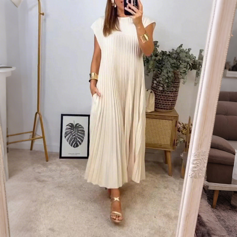 Cardydony Women's Elegant And Stylish Round-neck Pleated Maxi Dress