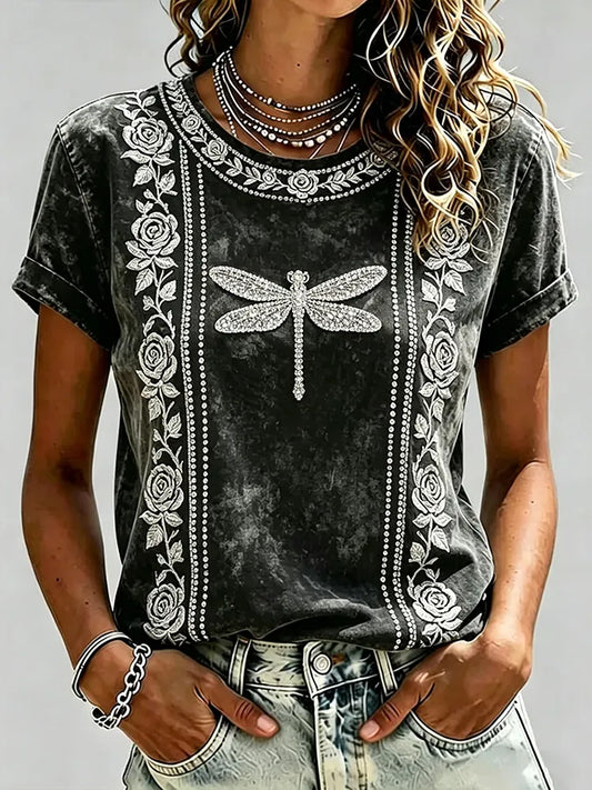 Cardydony Women's Retro Vacation Floral Dragonfly Round Neck Short Sleeve Linen Top