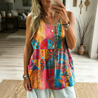 Cardydony Women's Color-blocked Hippie Print Linen Vest