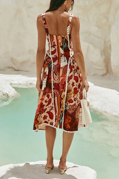 Cardydony Women's  Unique Printed Floral Trim Suspender Side Tie Vacation Midi Dress