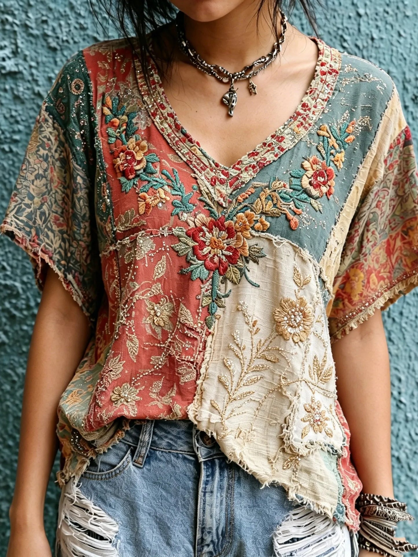 Cardydony Women's Retro Bohemian Hippie Style Floral Sequin Embroidery Print Patchwork Short-sleeve V-neck Top
