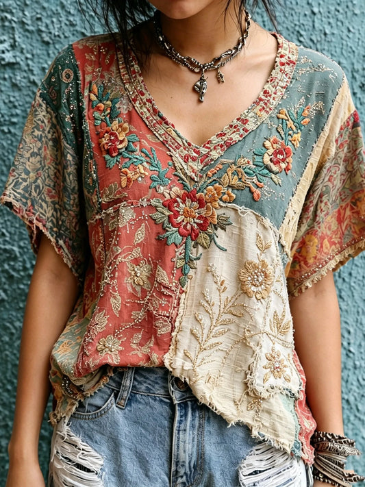 Cardydony Women's Retro Bohemian Hippie Style Floral Sequin Embroidery Print Patchwork Short-sleeve V-neck Top
