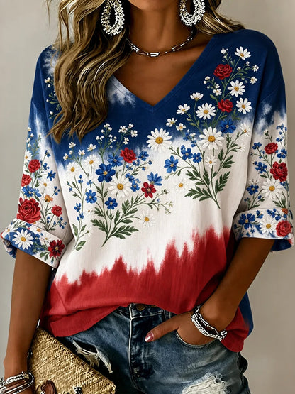 Cardydony Women's Independence Day Flag And Floral Print Three Quarter Sleeves T-shirt