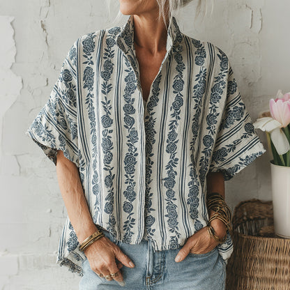 Cardydony Women's Retro Striped Floral Designs Print Casual Linen Shirt