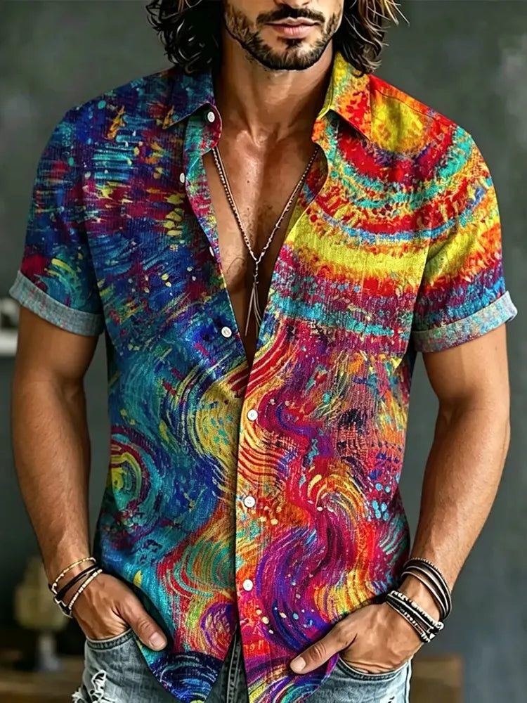 Cardydony Men's Retro Hippie Tie-dye Print Short-sleeve Cotton Linen Shirt