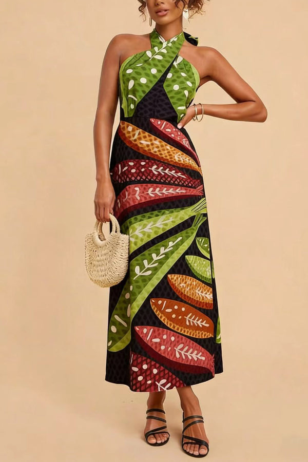 Cardydony Women's  Multi-colored Fish Print Halter Neck Backless Printed Fitted Vacation Maxi Dress