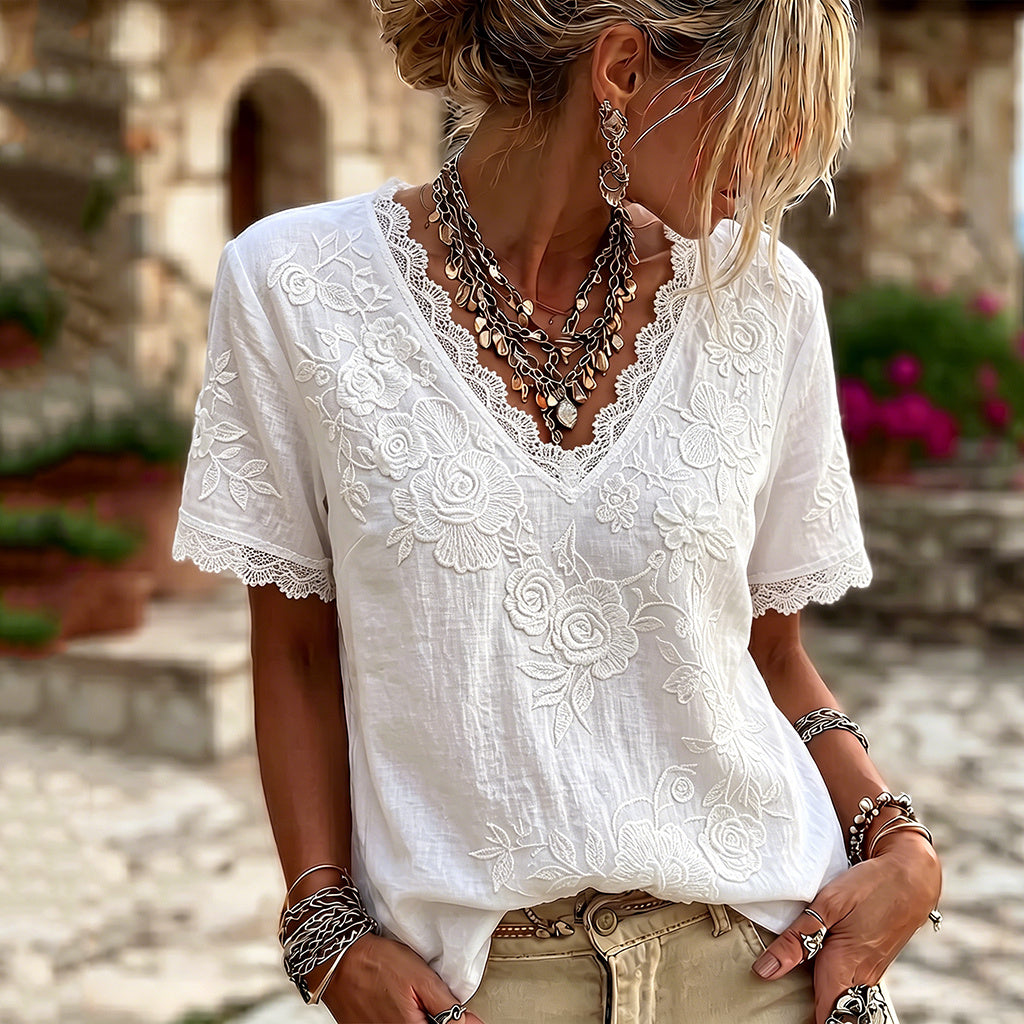 Cardydony Women's Rose Embroidery Art V-neck Linen Blend Short Sleeve T-shirt
