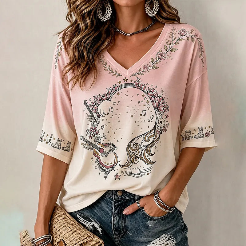 Cardydony Women's Western Country Cowboy Silhouette Short-sleeve Top
