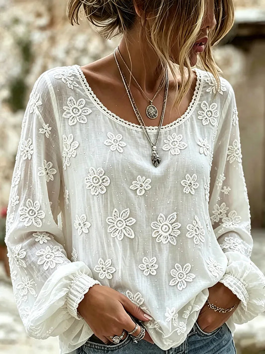 Cardydony Women's Vintage Floral Rose Art Embroidered Linen Blend Long Sleeve Tops