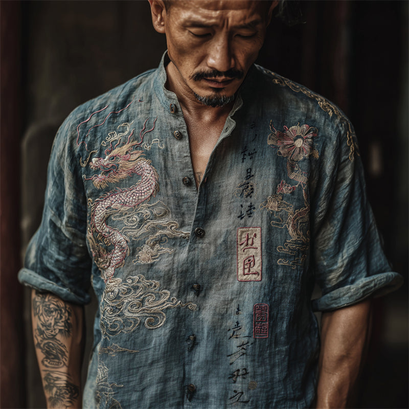 Cardydony Men's Japanese Dragon Floral Calligraphy Linen Shirt