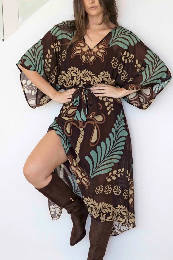 Cardydony Women's Bohemian Style Unique Printed Chiffon Loose-fitting Belted Maxi Dress