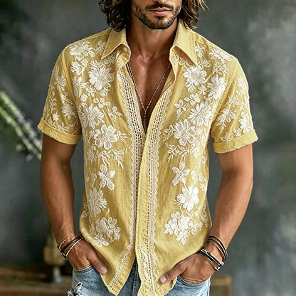 Cardydony Men's Floral Art Embroidery Casual Cotton Linen Shirt