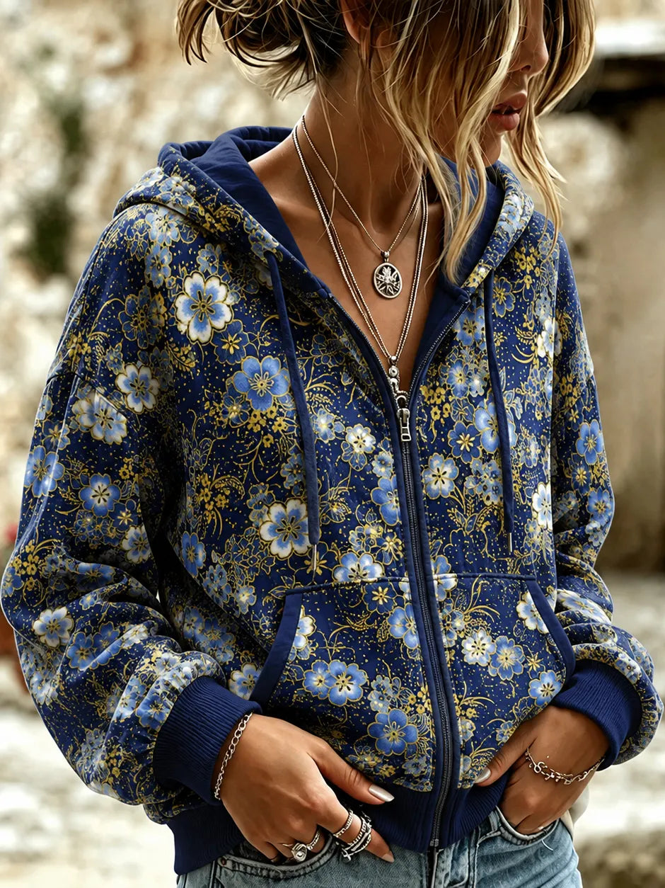 Cardydony Women's Vintage Aw Fall Floral Art Flowy Hooded Zipper Tops