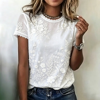 Cardydony Women's White Floral Embroidered Artistic Casual Short-sleeved Top
