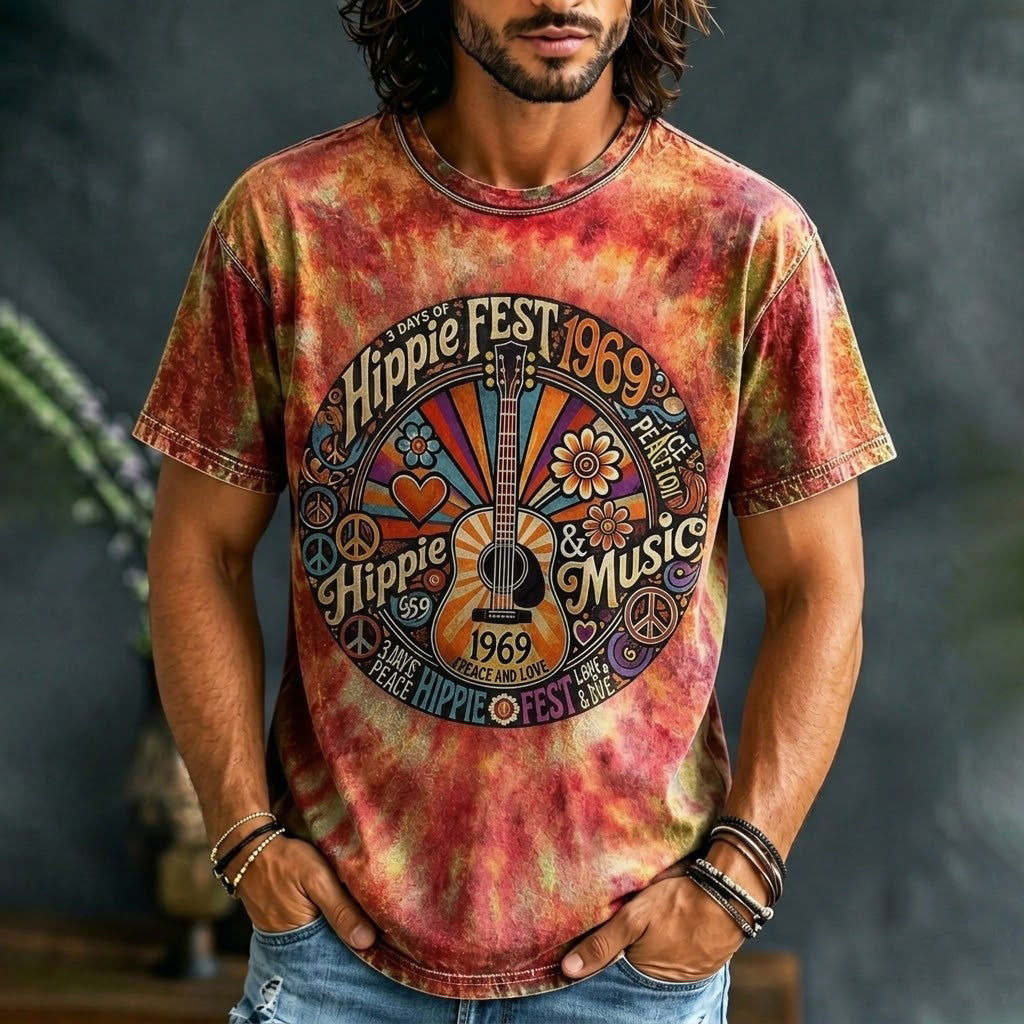 Cardydony Vintage Tie Dye Woodstock 1969 Hippie Music Art Print Casual T-shirt