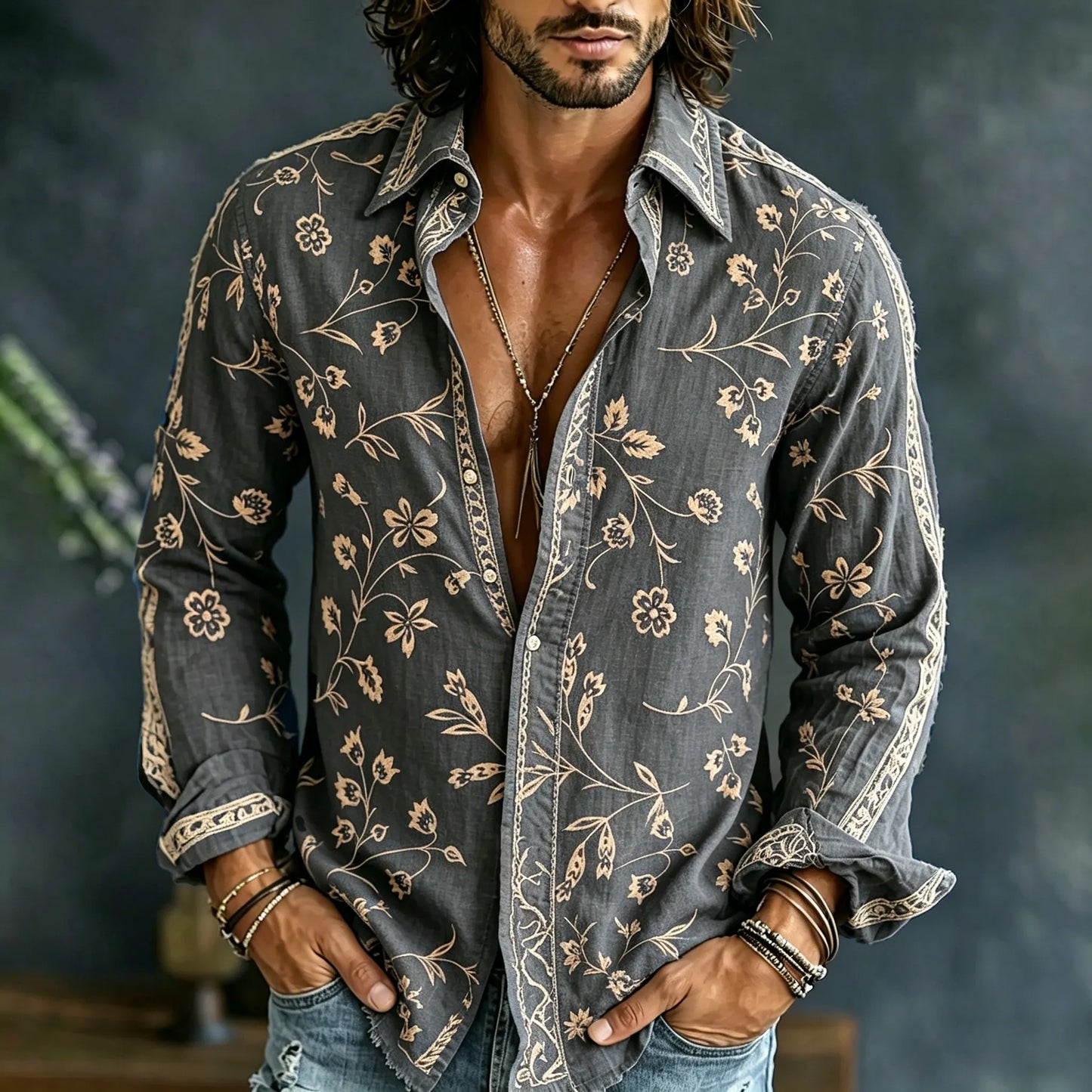 Cardydony Men's Vintage Spring Floral Embroidered Art Print Flowy Linen Blend Casual Shirt
