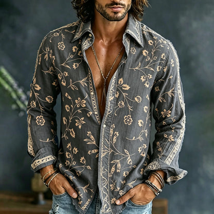 Cardydony Men's Vintage Spring Floral Embroidered Art Print Flowy Linen Blend Casual Shirt