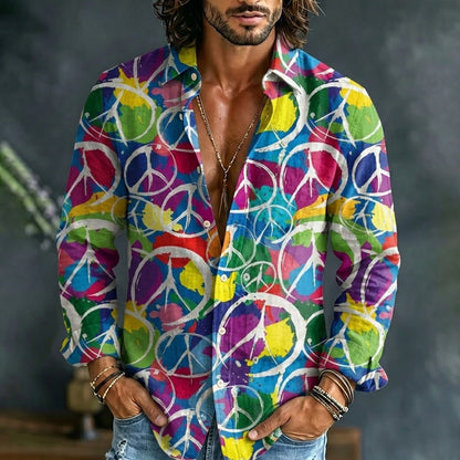Cardydony Men's Hippie Colored Peace Symbol Print Shirt