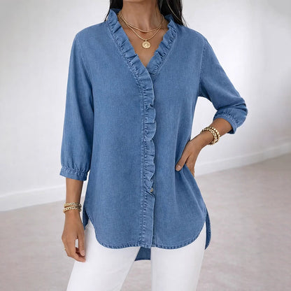 Cardydony Women's Casual Imitation Denim V-neck Ruffle Shirt