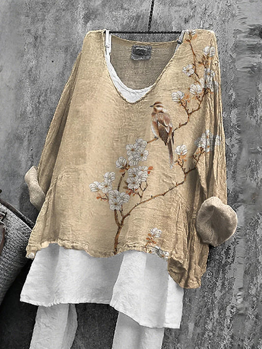 Cardydony Women's Japanese Floral & Birds Art V-neck Linen Blend T-shirt
