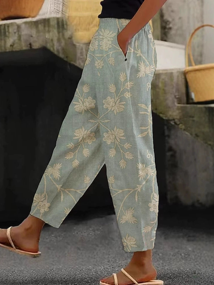 Cardydony Women's Vintage Floral Art Linen Casual Pants