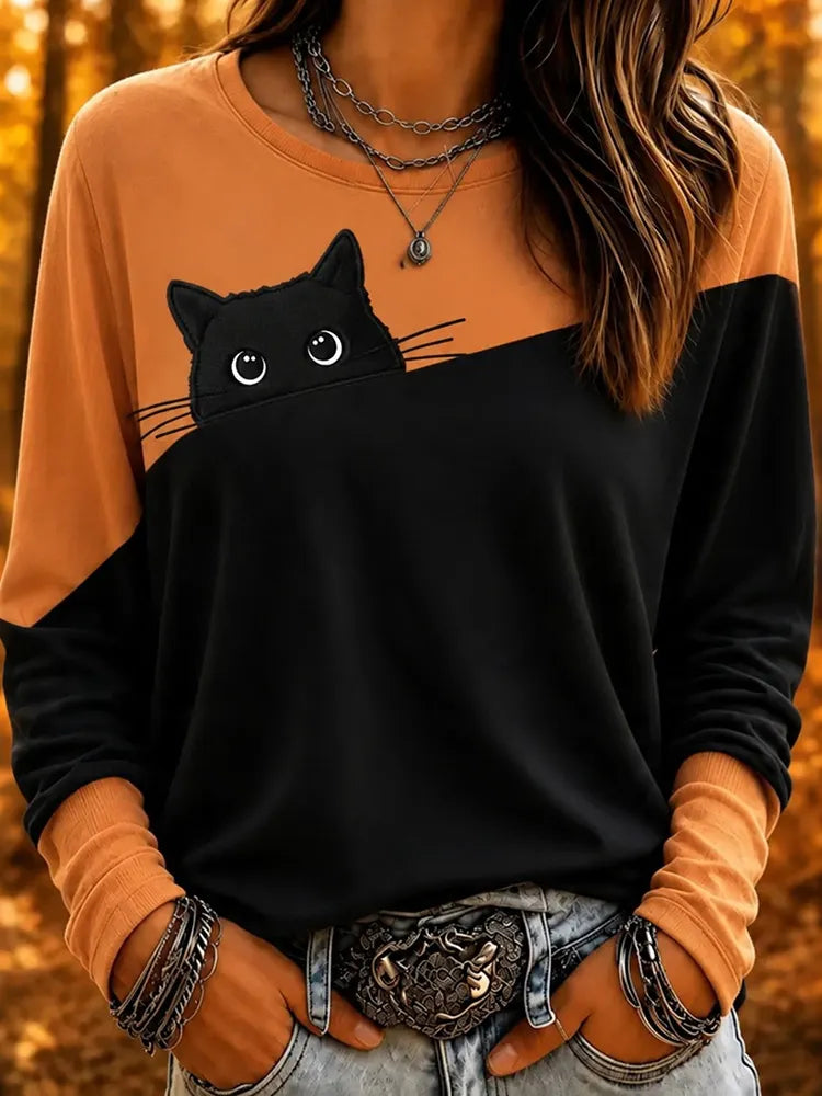 Cardydony Women's Retro Cute Cat Color Block Pattern Casual Crew Neck Sweatshirt