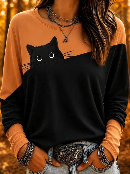 Cardydony Women's Retro Cute Cat Color Block Pattern Casual Crew Neck Sweatshirt