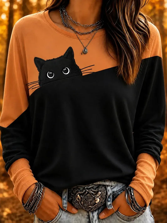 Cardydony Women's Retro Cute Cat Color Block Pattern Casual Crew Neck Sweatshirt
