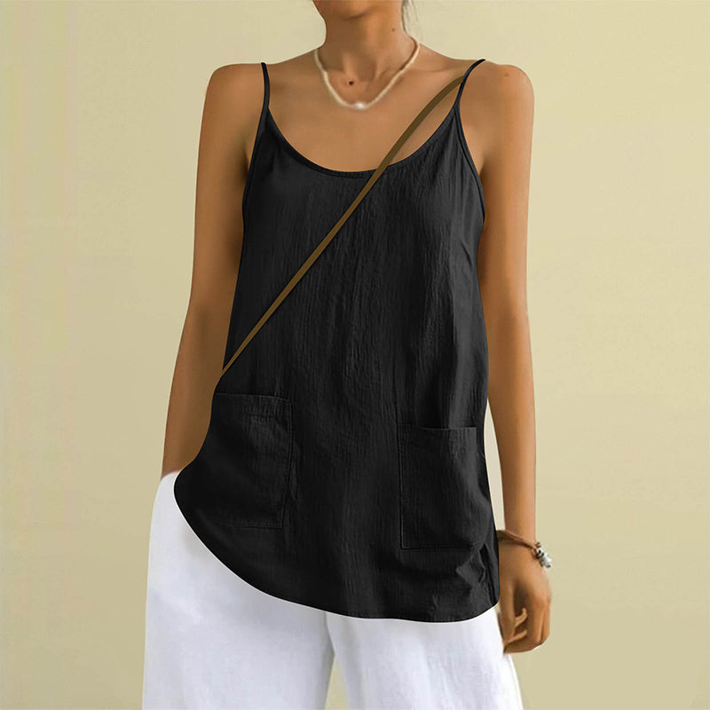 Cardydony Women's Solid Color Sleeveless Linen Blend Pocket Camisole