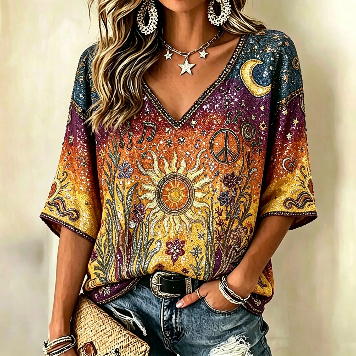 Cardydony Boho Hippie Sun Moon Peace Sign Rhinestone V-neck Blouse, Retro Music Note Floral 3/4 Sleeve Casual Top For Women