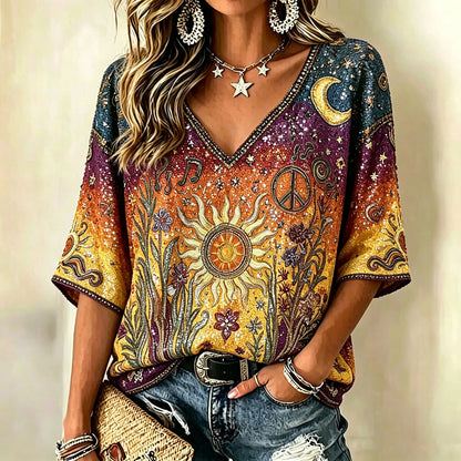 Cardydony Boho Hippie Sun Moon Peace Sign Rhinestone V-neck Blouse, Retro Music Note Floral 3/4 Sleeve Casual Top For Women