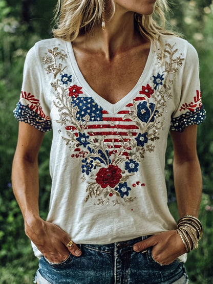 Cardydony "boho Floral American Flag Rhinestone & Embroidery T-shirt "