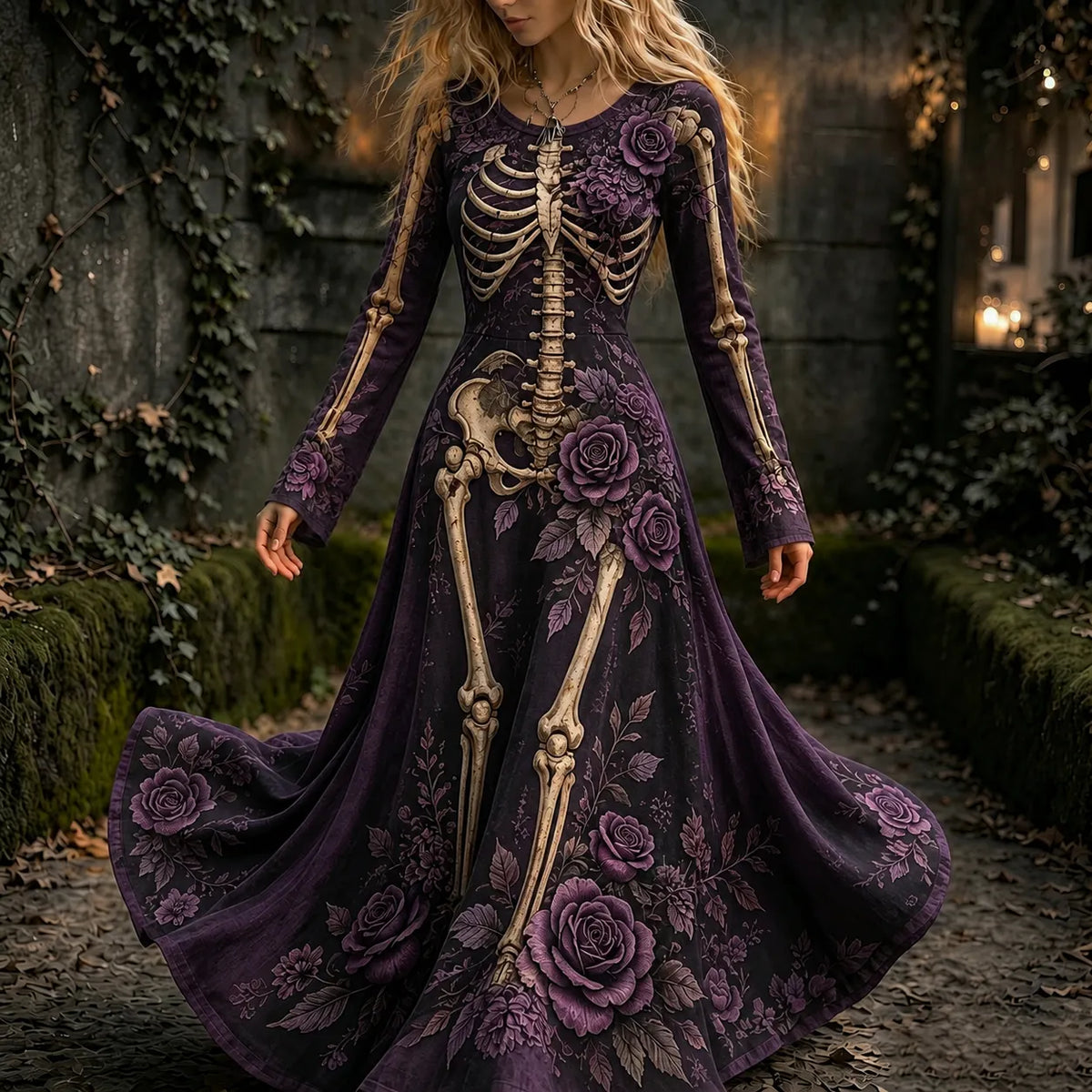 Cardydony Women's Retro Halloween Gothic Skeleton And Purple Rose Flowers Pattern Print Maxi Dress