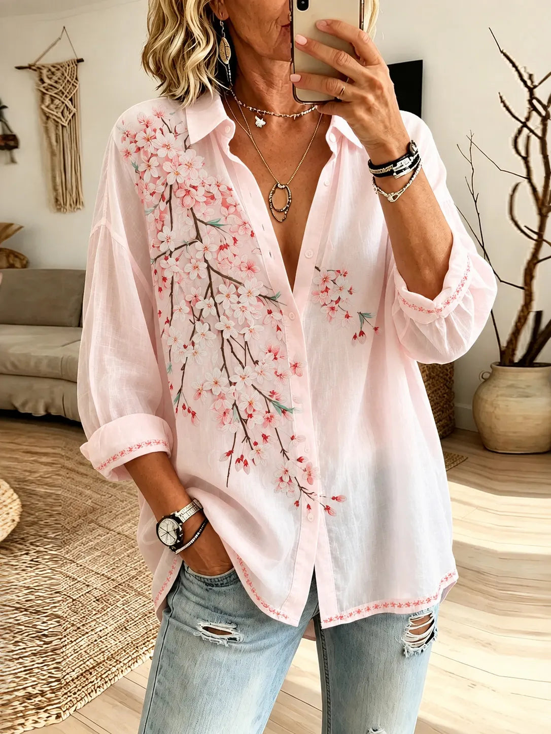 Cardydony Women's Vintage Floral Art Print Flowy Linen Blend Long Sleeve Shirts