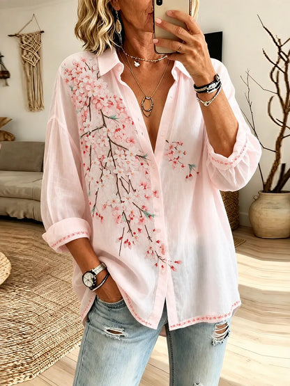 Cardydony Women's Vintage Floral Art Print Flowy Linen Blend Long Sleeve Shirts