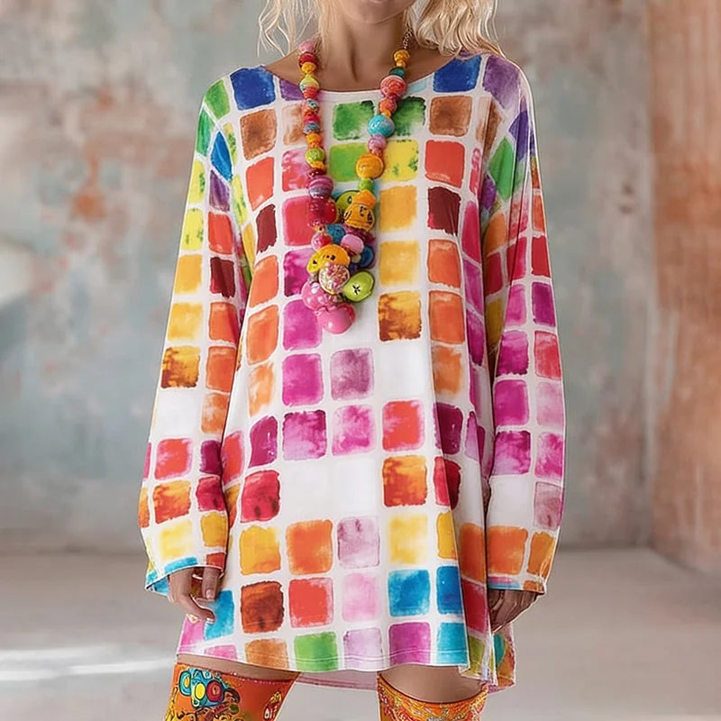 Cardydony Women's Abstract Color Block Plaid Print Mini Dress