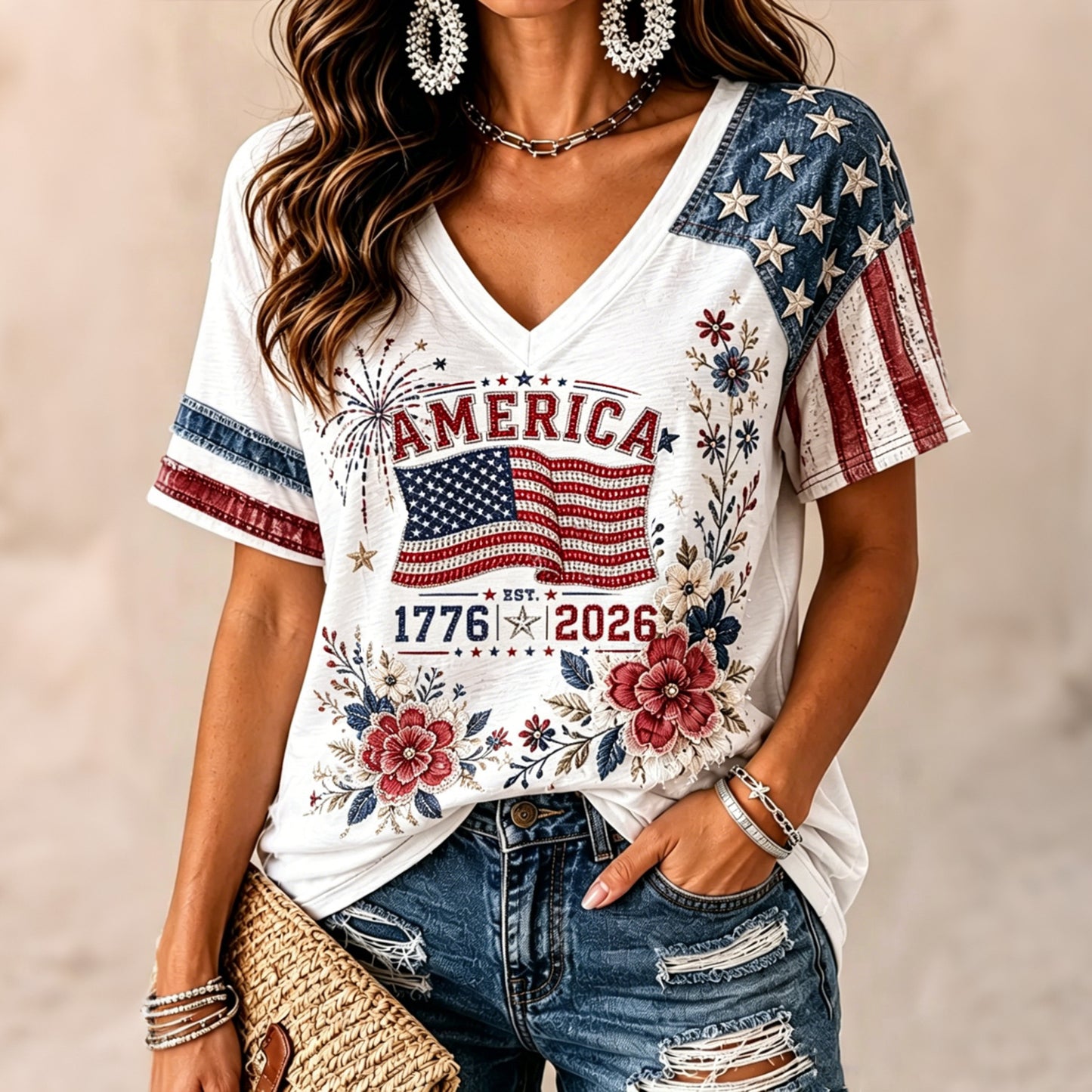 Cardydony Women's Independence Day With Floral Casual V-neck T-shirt