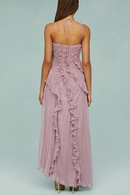 Cardydony Women's Dream Ode Lily Pad Style Pleats and Ruffles Halter Gown Maxi Dress