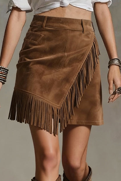 Cardydony Women's Retro Suede Casual Asymmetrical Fringed Hem Mini Skirt