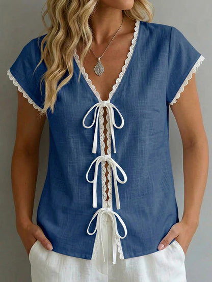Cardydony Solid Color Lace Contrast Short Sleeved Shirt